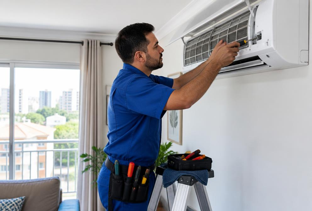 Profissional de climatização em atendimento
